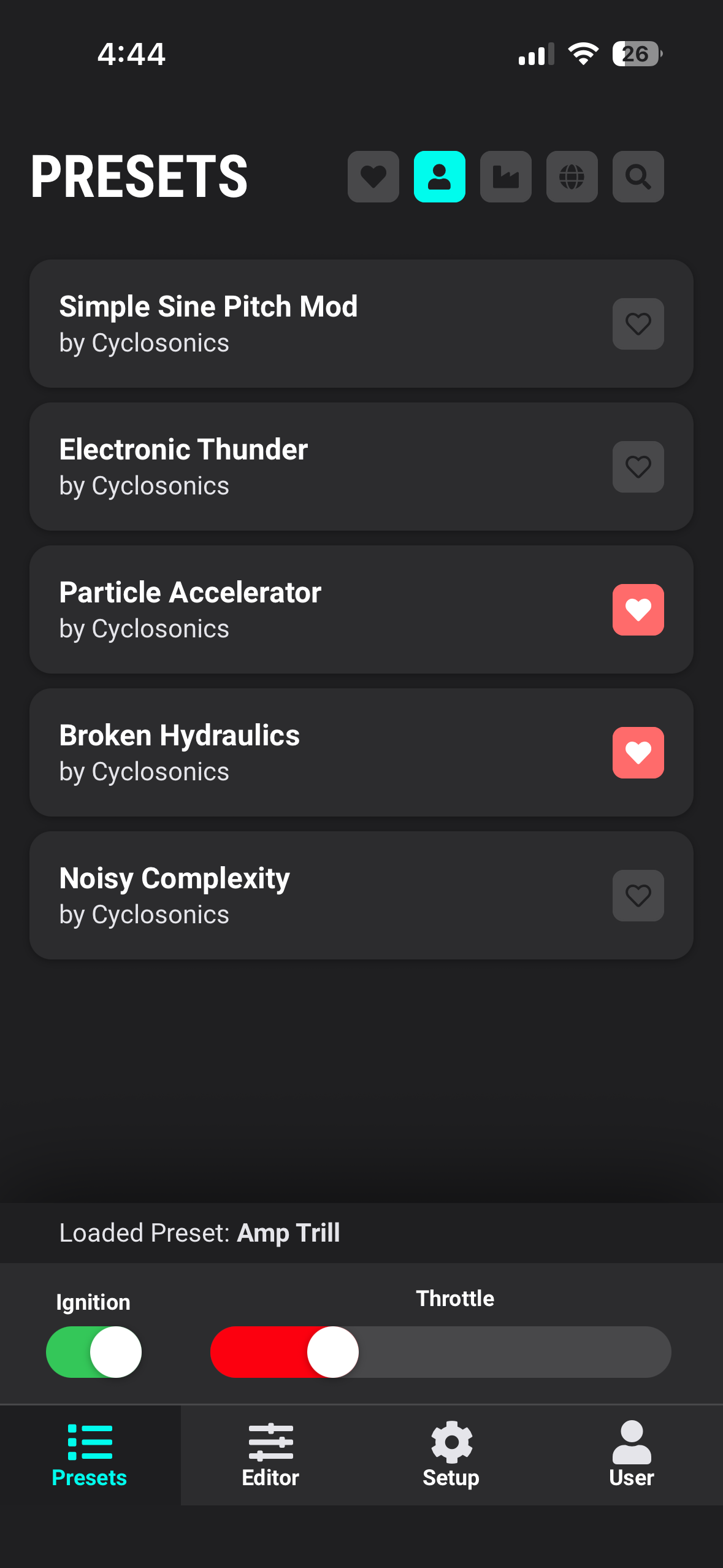Cyclosonics app showing preset library